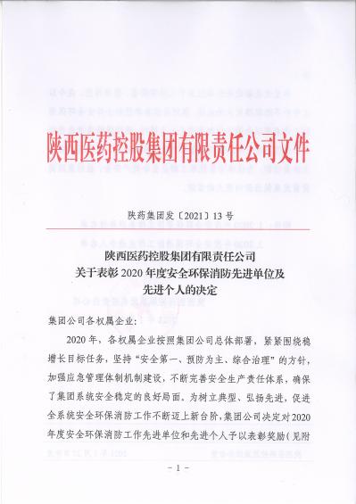 陜藥集團(tuán)發(fā)〔2021〕13號關(guān)于表彰2020年度安全環(huán)保消防先進(jìn)單位及先進(jìn)個(gè)人的決定